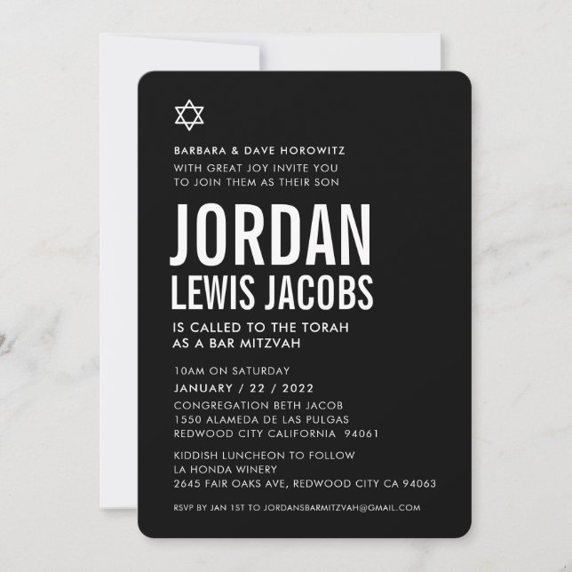 Invitation BAR MITZVAH étoile moderne garçon noir blanc simpl (Devant)