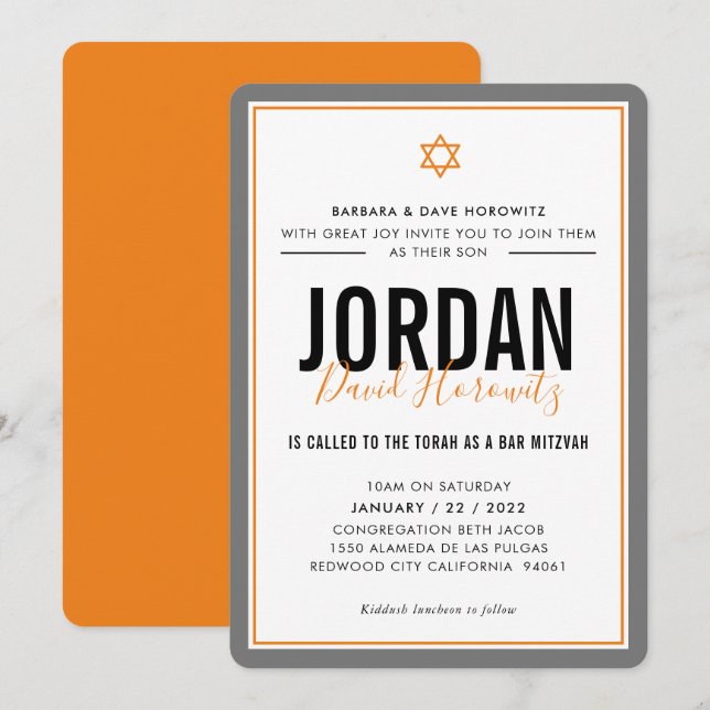Invitation BAR MITZVAH étoile moderne garçon orange gris simp (Devant / Derrière)