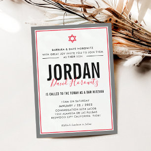 Invitation BAR MITZVAH étoile moderne garçon rouge gris simpl