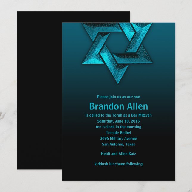 Invitation Bar Mitzvah Étoile noire et Turquoise de David (Devant / Derrière)