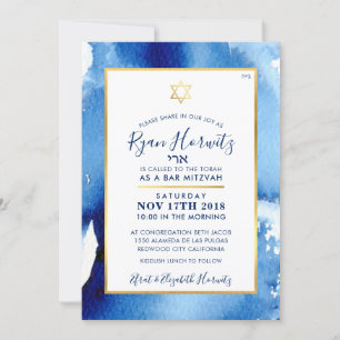Invitation BAR MITZVAH étoile or bleu aquarelle PHOTO RYAN2