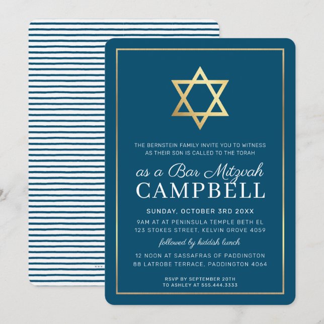 Invitation BAR MITZVAH étoile or simple moderne bleu blanc (Devant / Derrière)