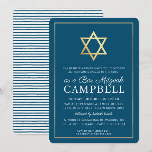 Invitation BAR MITZVAH étoile or simple moderne bleu blanc