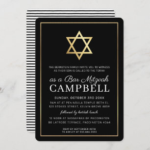 Invitation BAR MITZVAH étoile or simple moderne noir blanc