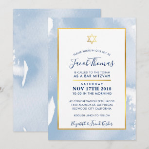 Invitation BAR MITZVAH étoile or smart bleu aquarelle invitat