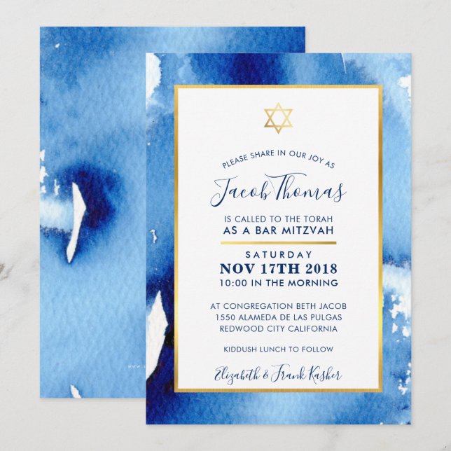 Invitation BAR MITZVAH étoile or smart bleu aquarelle invitat (Devant / Derrière)