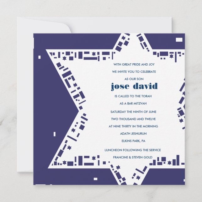 Invitation Bar Mitzvah Étoiles & Carrés Bleu (Devant)