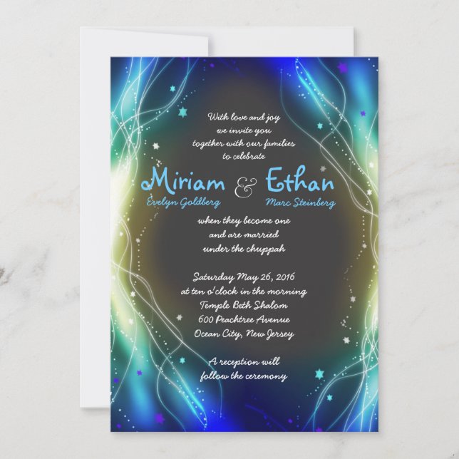 Invitation Bar Mitzvah Étoiles Néon Lumineuses ble (Devant)