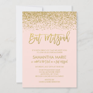 Invitation Bar Mitzvah Faux Or Rose Moderne Pailleté