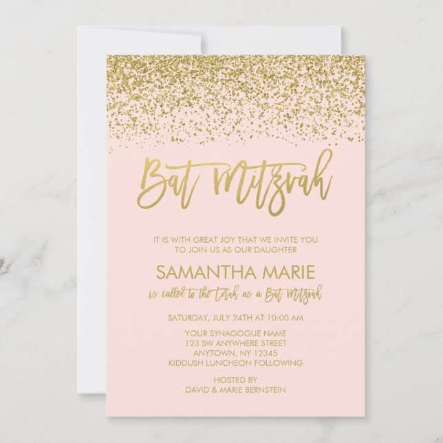 Invitation Bar Mitzvah Faux Or Rose Moderne Pailleté (Devant)