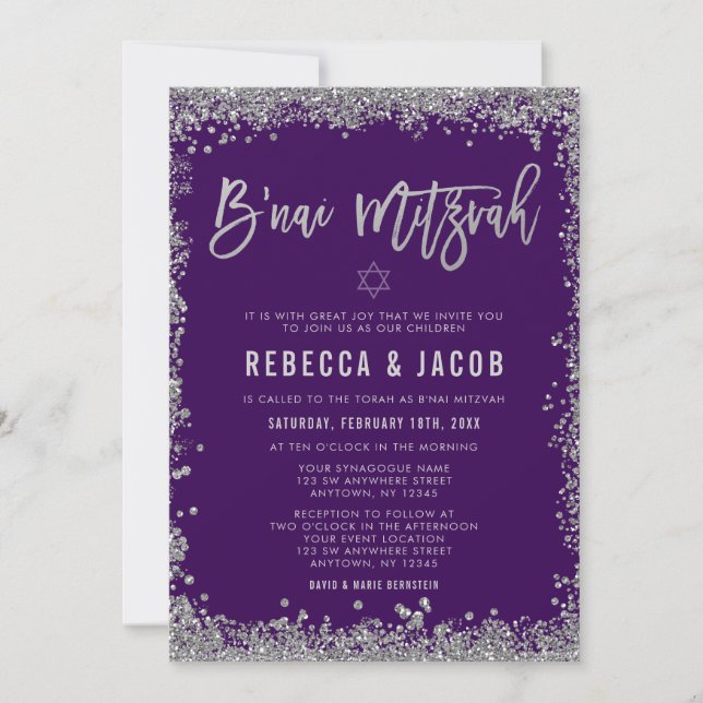 Invitation Bar Mitzvah Faux Pailleté Argent Violet (Devant)