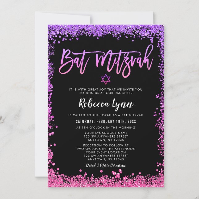 Invitation Bar Mitzvah Faux Paillettes Rose Violet (Devant)