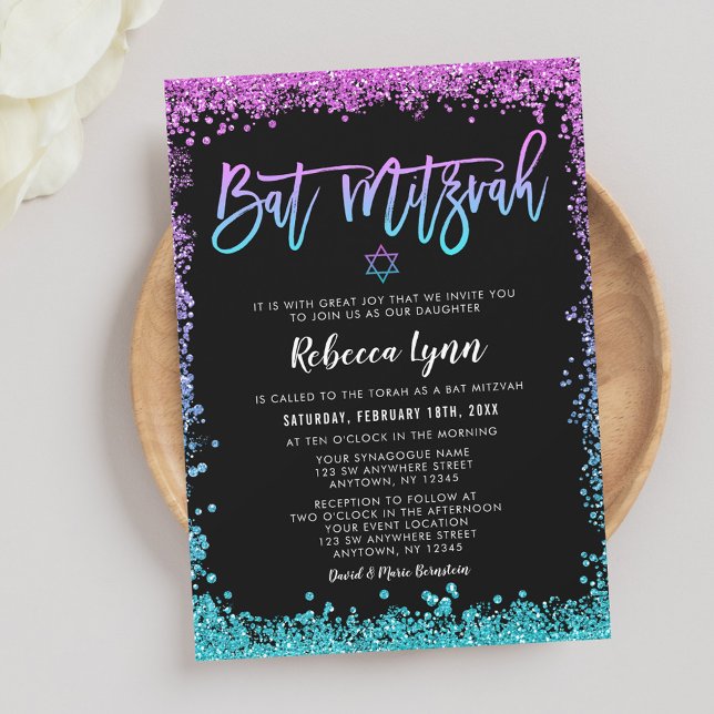 Invitation Bar Mitzvah Faux Paillettes Turquoise Violet (Créateur téléchargé)