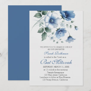 Invitation Bar Mitzvah Fille Fleur Bleue Élégante
