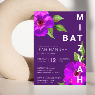 Invitation Bar Mitzvah Fille Violet Floral Aquarelle Gras