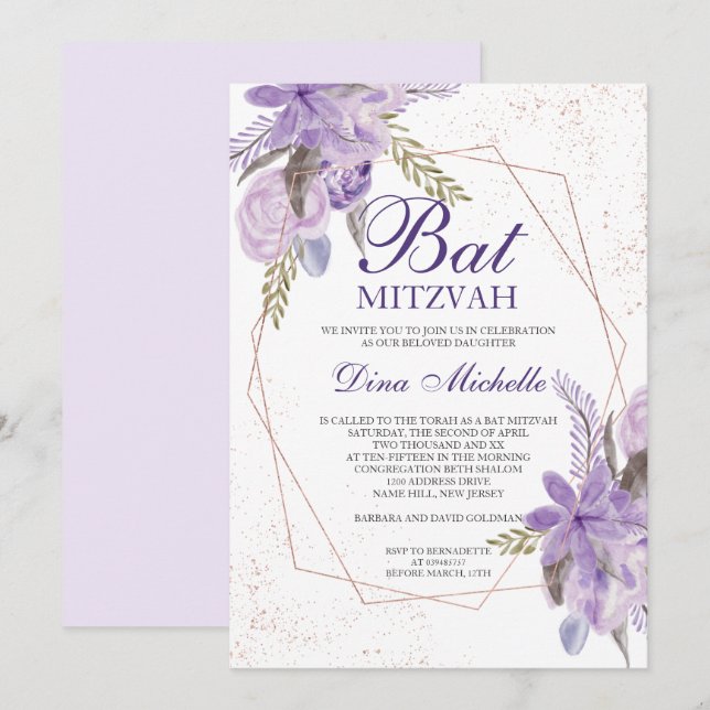 Invitation Bar Mitzvah fleur aquarelle rose et or violet (Devant / Derrière)
