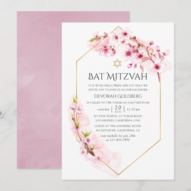 Invitation Bar Mitzvah Fleur de Cerisier Rose Géométrique (Devant / Derrière)