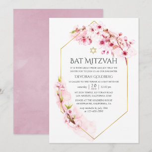 Invitation Bar Mitzvah Fleur de Cerisier Rose Géométrique