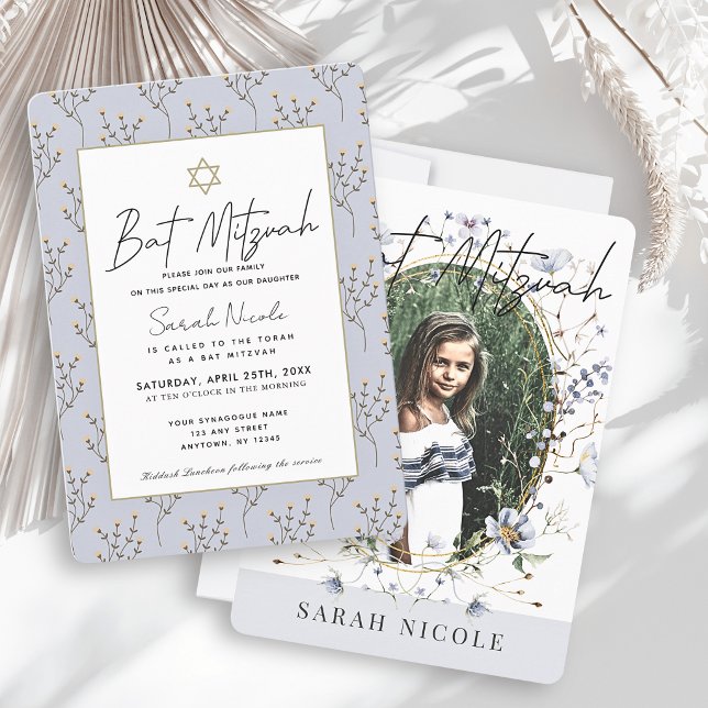 Invitation Bar Mitzvah Fleur Sauvage Bleue Photo (Créateur téléchargé)