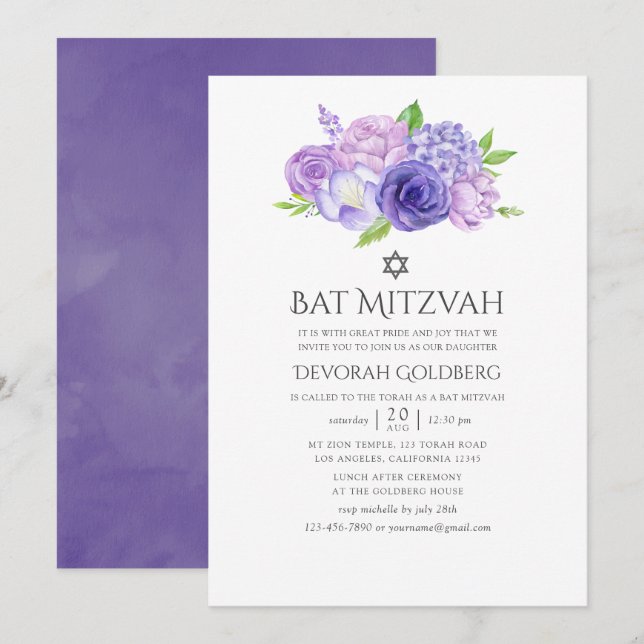 Invitation Bar Mitzvah Fleur Ultra Violet (Devant / Derrière)