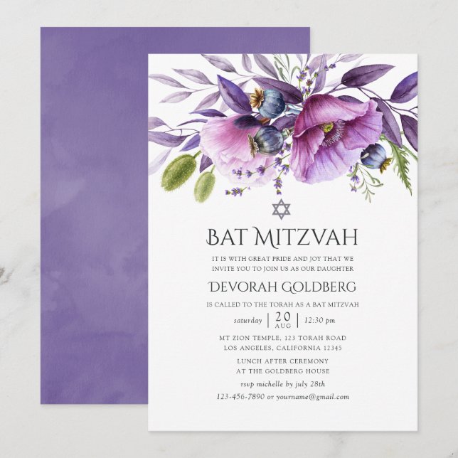 Invitation Bar Mitzvah Fleur Violet Coquelicot (Devant / Derrière)