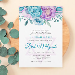 Invitation Bar Mitzvah Fleurie Aquarelle Bleu Turquoise Viole