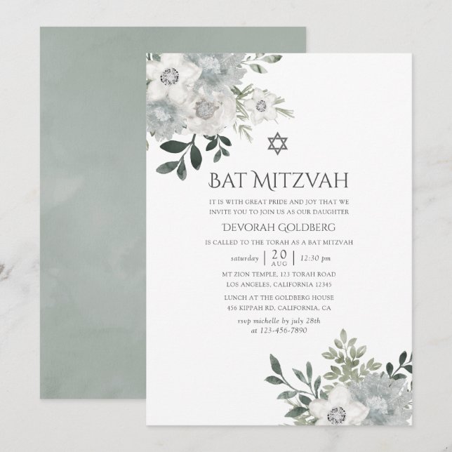 Invitation Bar Mitzvah Fleurie Argentée Aquarelle (Devant / Derrière)