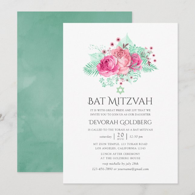 Invitation Bar Mitzvah Fleurie Rose et Menthe (Devant / Derrière)