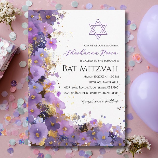 Invitation Bar Mitzvah Fleurie Violet et Or (Créateur téléchargé)