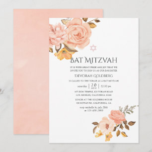 Invitation Bar Mitzvah Fleurs Rose Pâle et Or