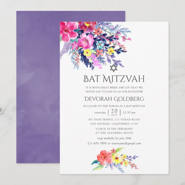 Invitation Bar Mitzvah Floral Aquarelle Coloré (Devant / Derrière)