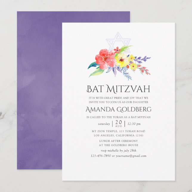 Invitation Bar Mitzvah Floral Aquarelle Colorée (Devant / Derrière)
