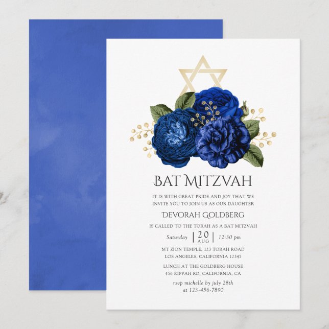 Invitation Bar Mitzvah Floral Bleu Royal et Or (Devant / Derrière)