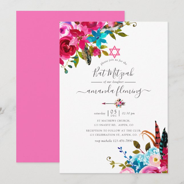 Invitation Bar Mitzvah Floral Boho Chic Aquarelle Rose (Devant / Derrière)