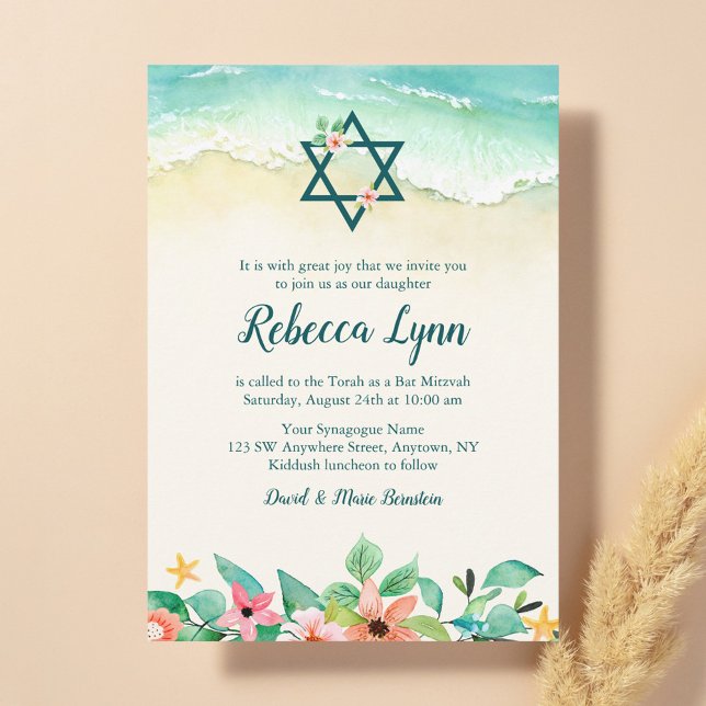 Invitation Bar Mitzvah Floral de Plage à l'Aquarelle (Créateur téléchargé)