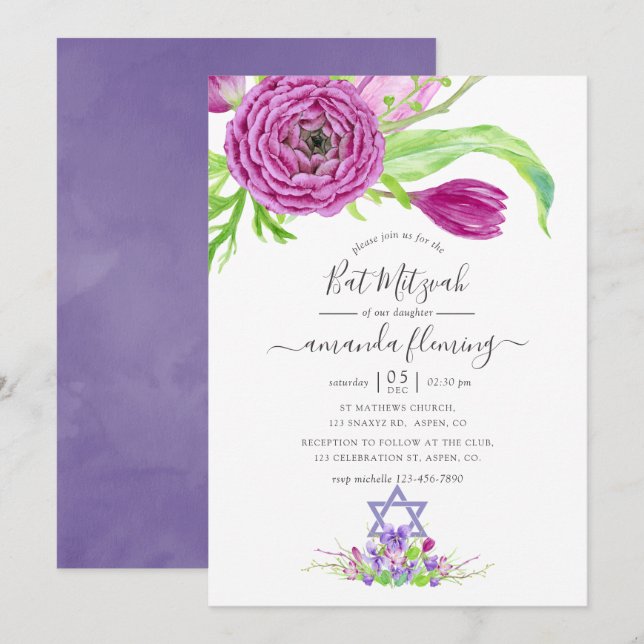 Invitation Bar Mitzvah Floral de printemps à l'aquarelle (Devant / Derrière)
