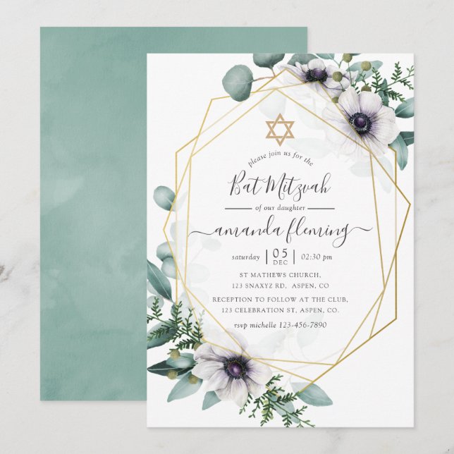 Invitation Bar Mitzvah Floral Géométrique Eucalyptus (Devant / Derrière)