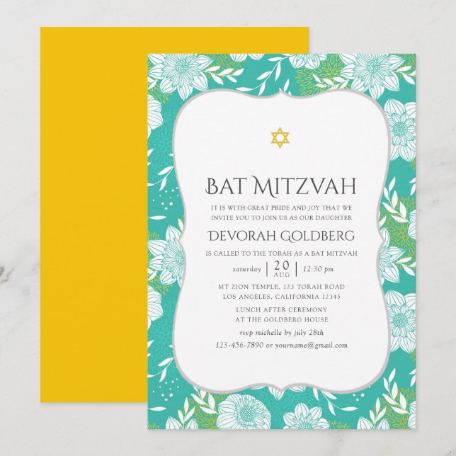 Invitation Bar Mitzvah floral jaune et sarcelle (Devant / Derrière)