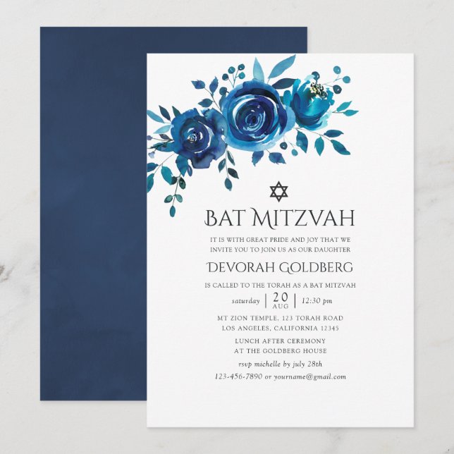 Invitation Bar Mitzvah floral naval et aquarelle (Devant / Derrière)