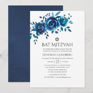 Invitation Bar Mitzvah floral naval et aquarelle