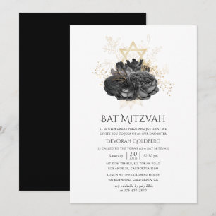 Invitation Bar Mitzvah Floral Noir et Or de Style Rétro