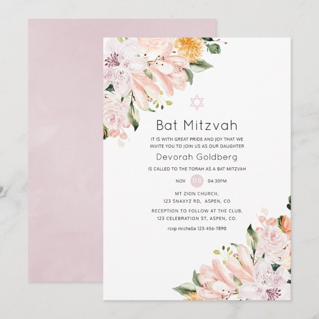 Invitation Bar Mitzvah Floral Pastel (Devant / Derrière)