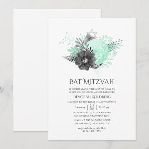Invitation Bar Mitzvah floral rustique aqua et charbon