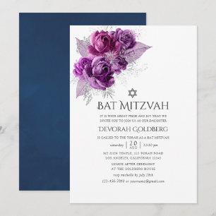 Invitation Bar Mitzvah florale aquarelle prune et marine