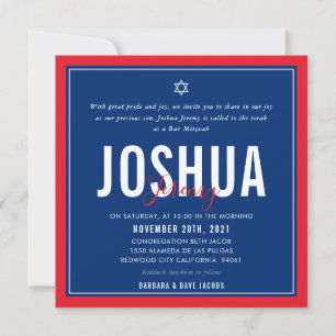 Invitation BAR MITZVAH football moderne bleu rouge ELLINA