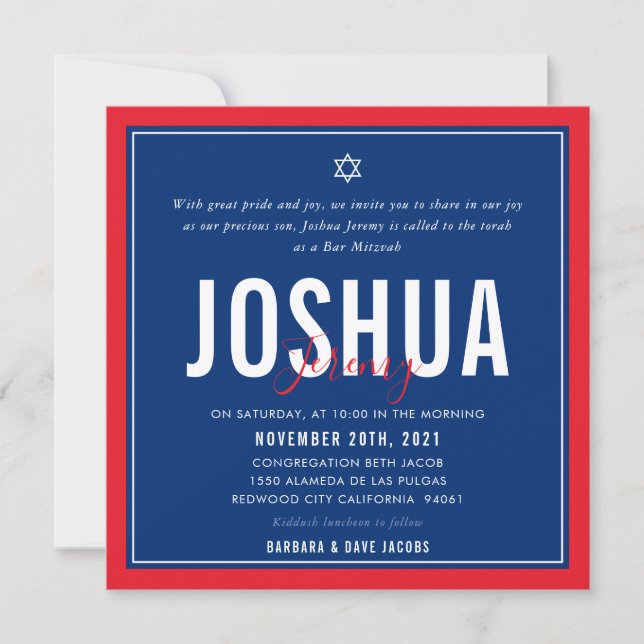 Invitation BAR MITZVAH football moderne bleu rouge QRCODE (Devant)