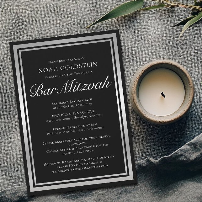 Invitation Bar Mitzvah Formel Élégant Noir Argent (Créateur téléchargé)