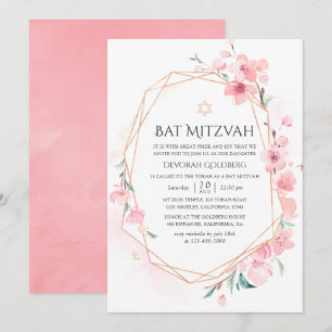 Invitation Bar Mitzvah géométrique à fleurs de cerisier rose