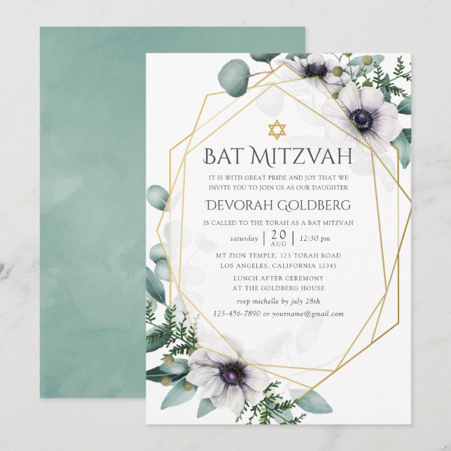 Invitation Bar Mitzvah géométrique à l'anémone d'eucalyptus (Devant / Derrière)