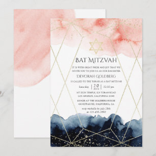 Invitation Bar Mitzvah géométrique à l'aquarelle Navy et Blus